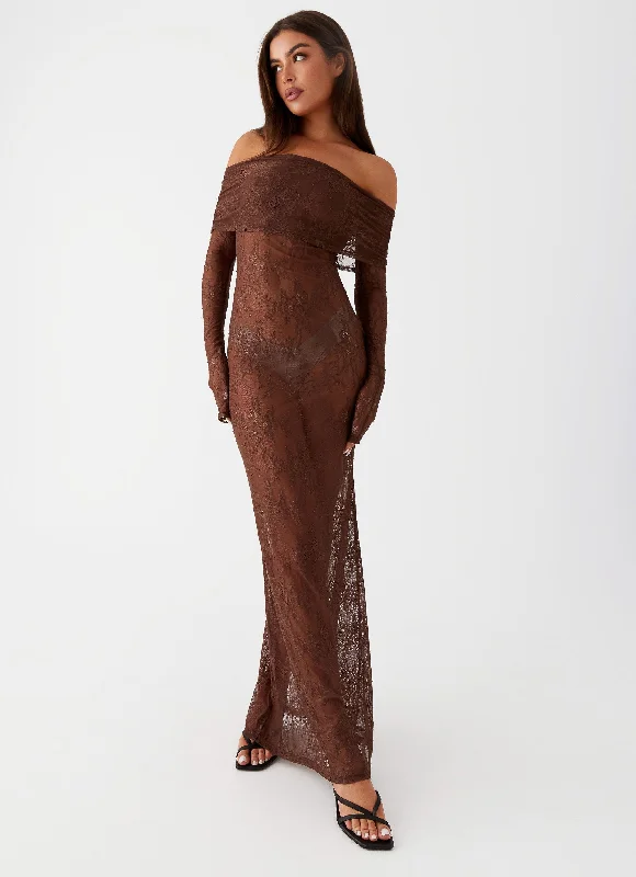 Maxi Dresses with Ruffle Neck -Nadia Lace Maxi Dress - Chocolate