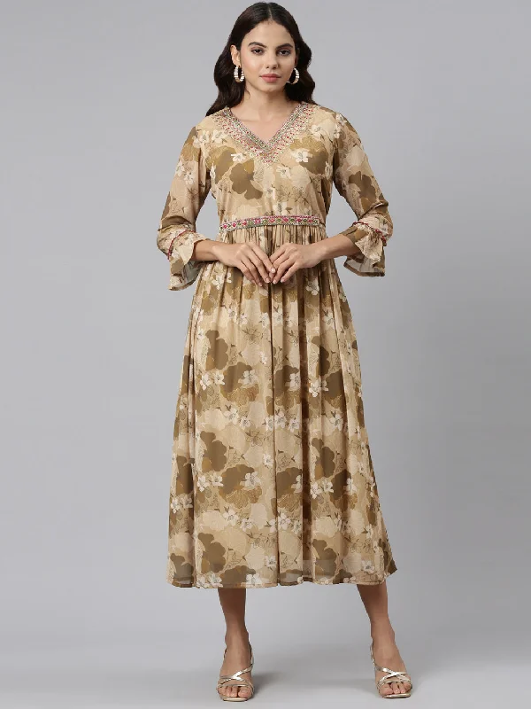 Maxi Dresses with Loose Edge -Neeru's Beige Straight Casual Printed Maxi Dresses