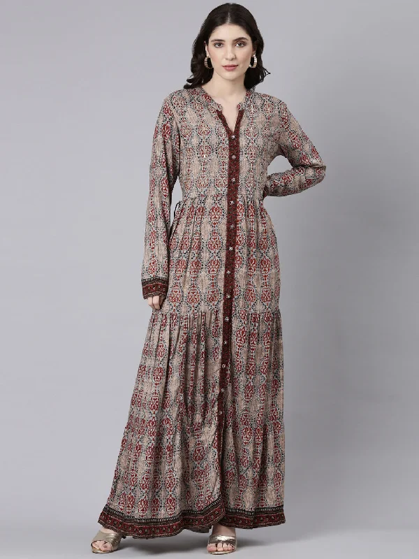 Maxi Dresses for Dinner Date -Neeru's Beige Straight Casual Printed Maxi Dresses