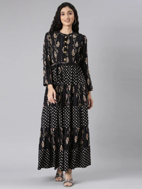 Maxi Dresses for Spring Fun -Neerus Black Curved Casual Floral Maxi Dresses