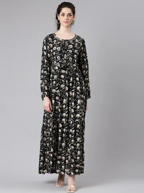 Maxi Dresses for Daytime Events -Neerus Black Floral Printed Maxi Dresses