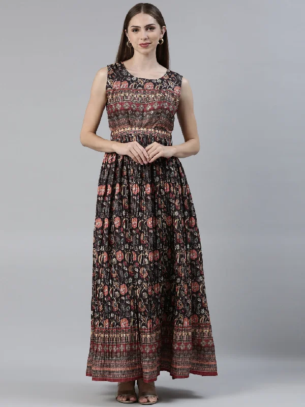 Maxi Dresses with Boat Neck -Neeru's Black Straight Casual Printed Maxi Dresses