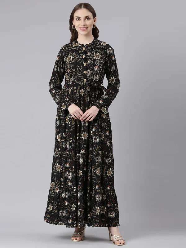 Maxi Dresses in Satin -Neerus Black Viscose Rayon Curved Casual Floral Maxi Dresses.