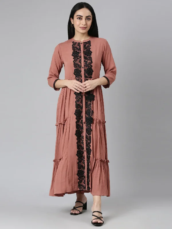 Maxi Dresses for Casual Fridays -Neerus Brown Flared Casual Solid Maxi Dresses