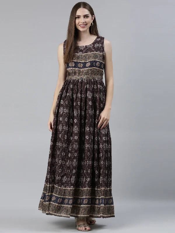 Maxi Dresses with Curved Back -Neeru's Brown Straight Casual Printed Maxi Dresses