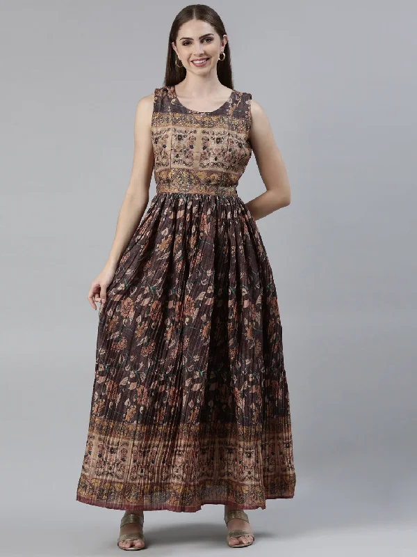 Maxi Dresses with Sweetheart Neck -Neeru's Brown Straight Casual Printed Maxi Dresses