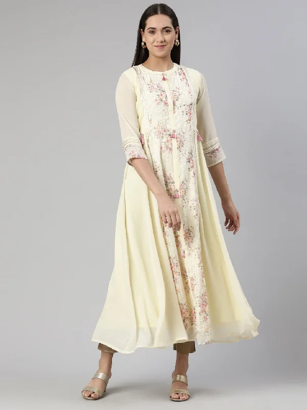 Maxi Dresses in Textured Fabric -Neeru's Cream-Coloured Floral Georgette Ethnic Maxi Maxi Dress