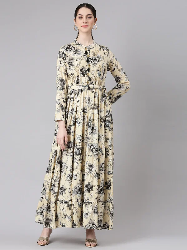 Maxi Dresses for Holiday Parties -Neerus Cream Floral Printed Maxi Dresses