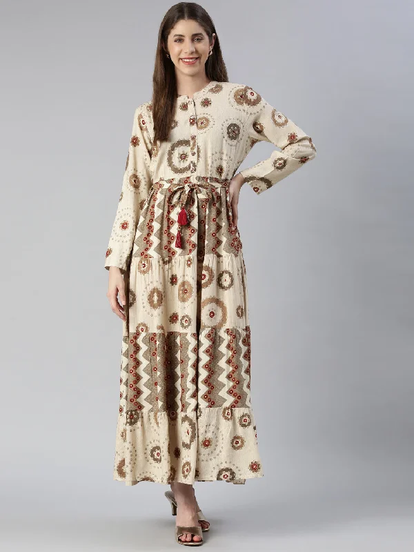 Maxi Dresses in Warm Velvet -Neeru's Cream Maxi Casual Printed Dresses