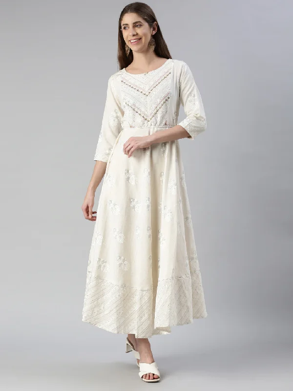 Maxi Dresses in Rich Velvet -Neeru's Cream Maxi Casual Printed Dresses