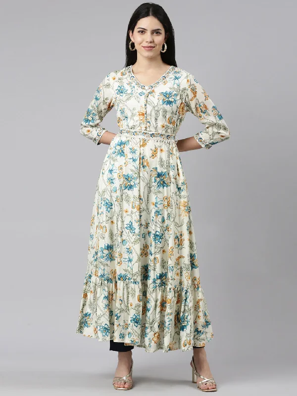 Maxi Dresses with Front Slit -Neeru's Cream Straight Casual Printed Maxi Dresses