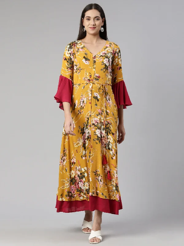 Maxi Dresses for Lake Party -Neeru's Floral Ethnic Bell Sleeves Maxi Dress