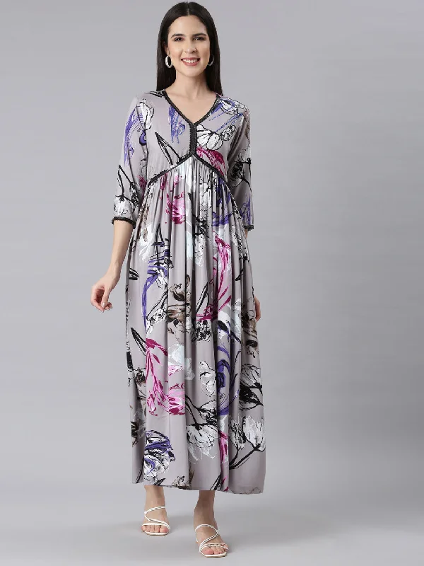 Maxi Dresses in Flowy Fabric -Neerus Gray Asymmetric Casual Floral Maxi Dresses