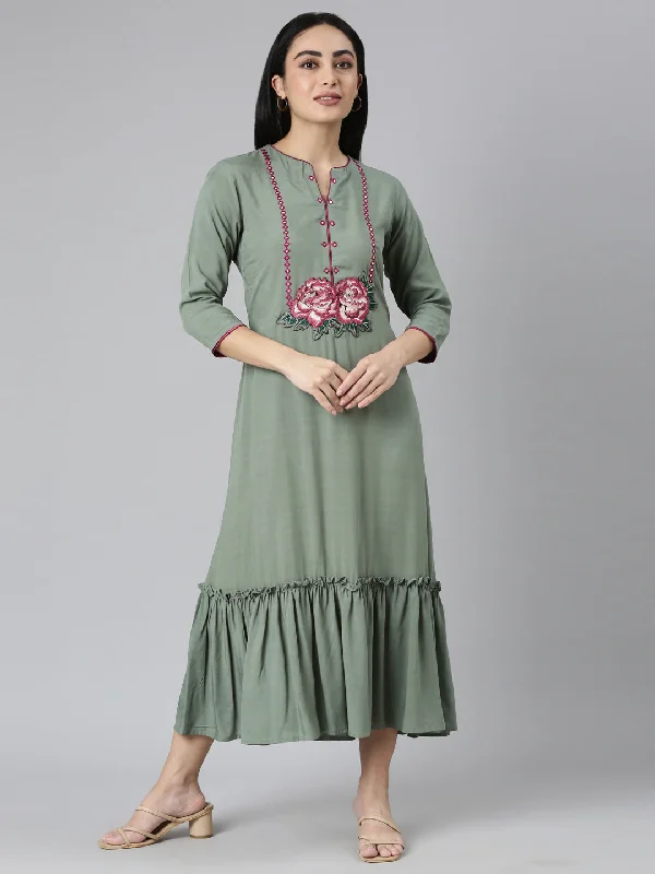 Maxi Dresses for Girls Night -Neerus Green Flared Casual Solid Maxi Dresses