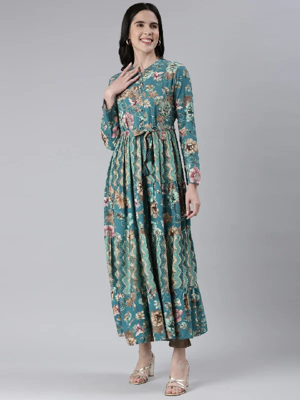 Maxi Dresses with Bow Edge -Neeru's Green Maxi Casual Printed Dresses