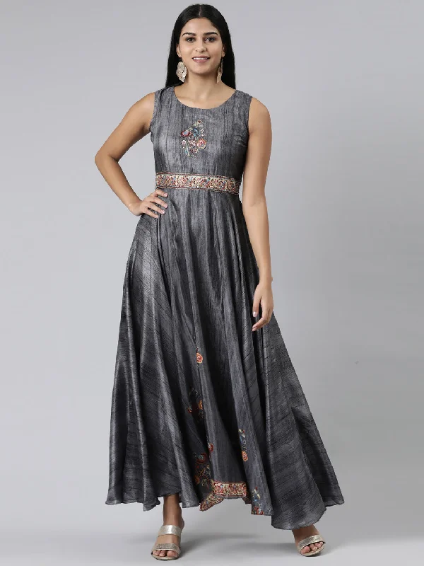 Maxi Dresses for Dance Night -Neeru's Grey Curved Casual Embroidered Maxi Dress