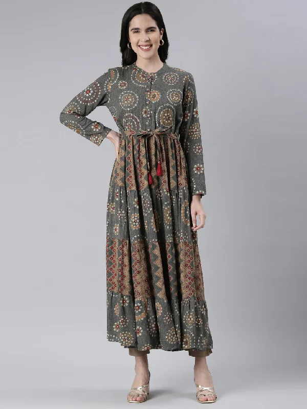 Maxi Dresses with Tulip Skirt -Neeru's Grey Maxi Casual Printed Dresses