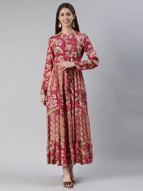 Maxi Dresses with Tie Back Design -Neeru's Magenta Maxi Casual Printed Dresses