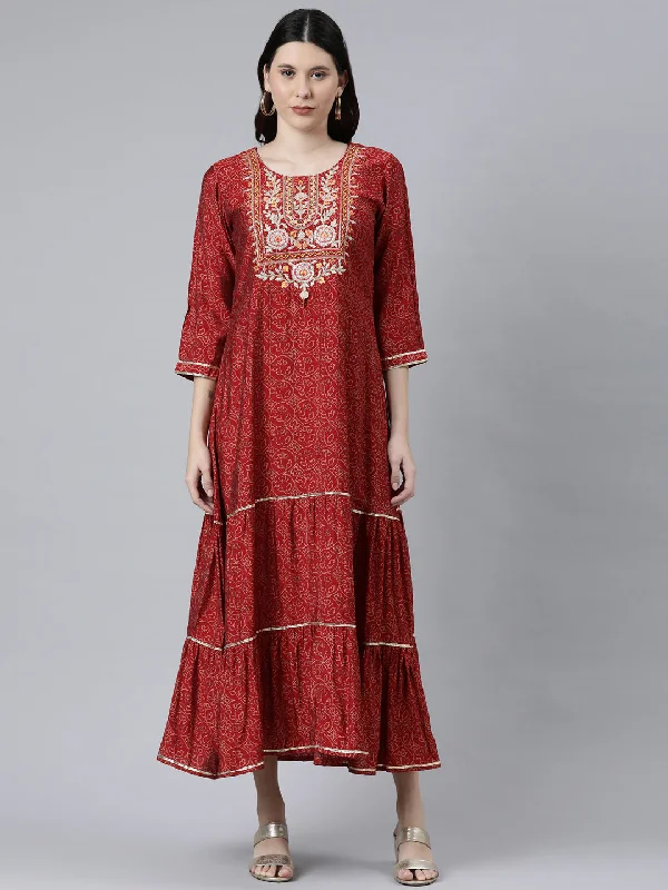 Maxi Dresses with Mesh Edge -Neeru's Maroon Cotton Ethnic Motifs Embroidered Ethnic A-Line Maxi Dress