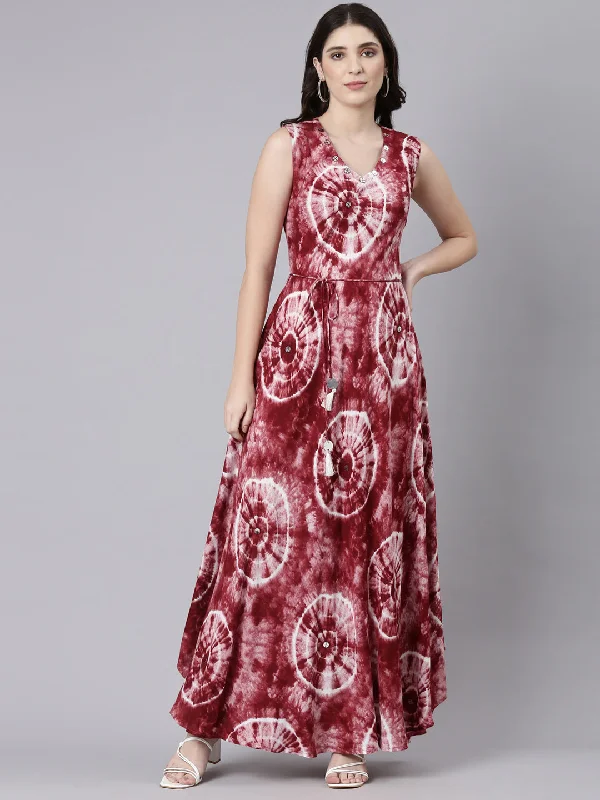 Maxi Dresses in Cool Wool -Neeru's Maroon Straight Casual Printed Maxi Dresses