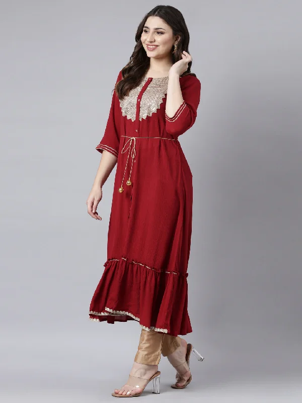 Maxi Dresses for Petite Women -Neerus Maroon Straight Casual Solid Maxi Dresses