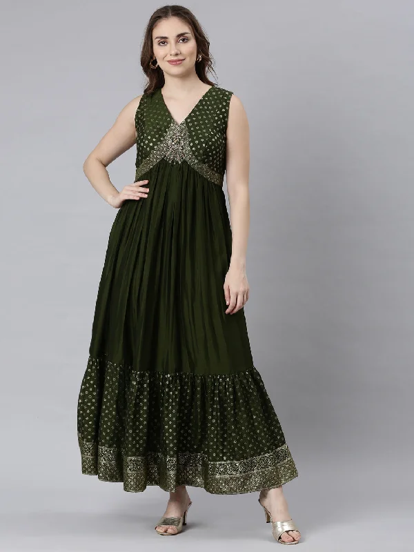 Maxi Dresses with High Neck -Neerus Mehadi Green Flared Casual Ethnic Motifs Maxi Dresses