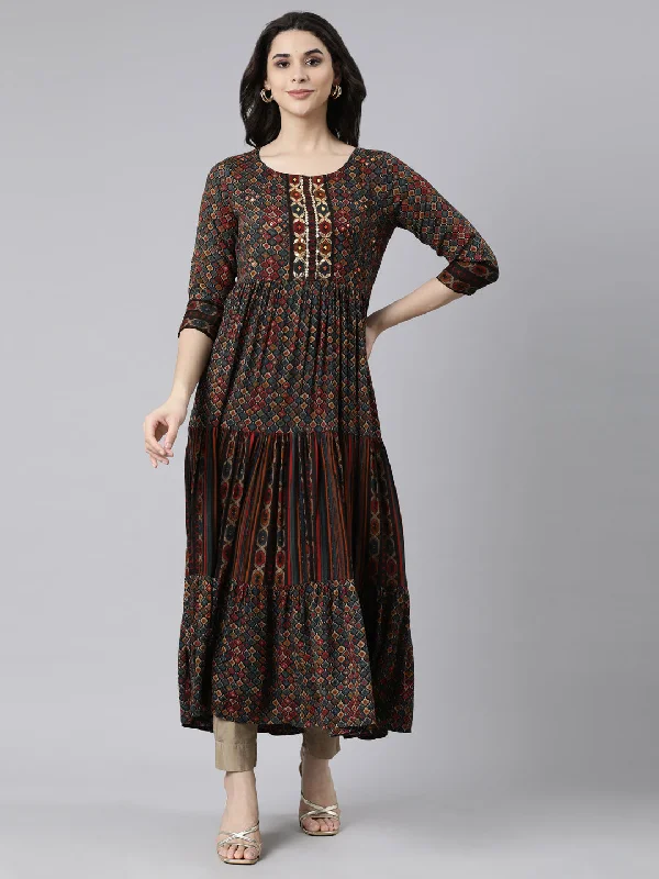 Maxi Dresses for Book Launch -Neerus Multi Flared Casual Colourblocked Maxi Dresses