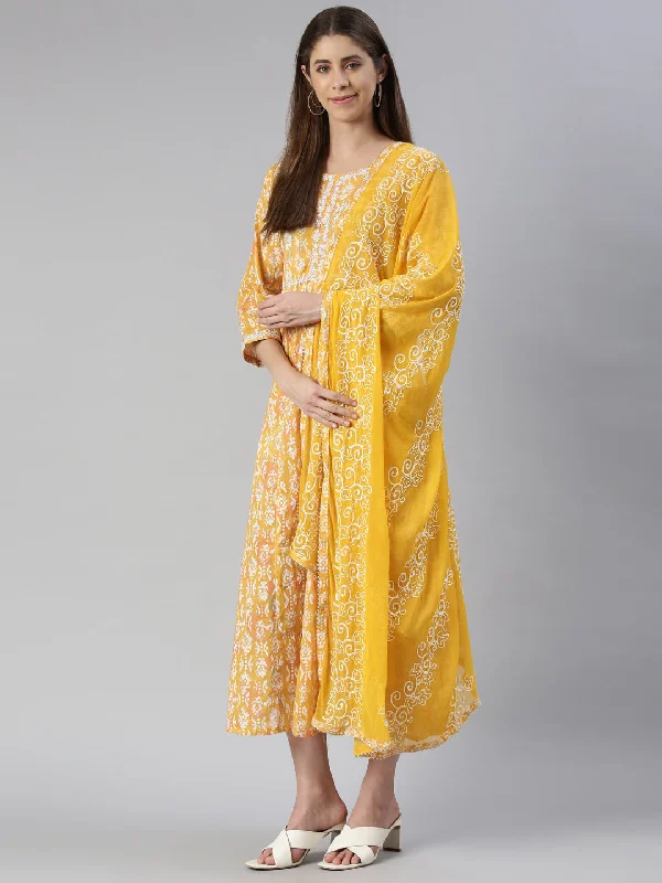 Maxi Dresses with Tie Neck -Neeru's Mustard Maxi Casual Printed Dresses