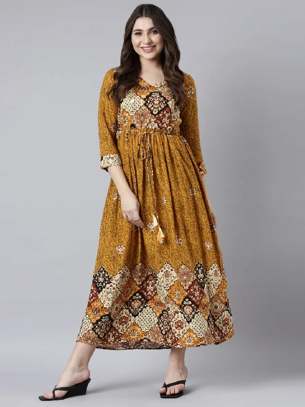 Maxi Dresses in Soft Silk -Neerus Mustard Straight Casual Floral Maxi Dresses