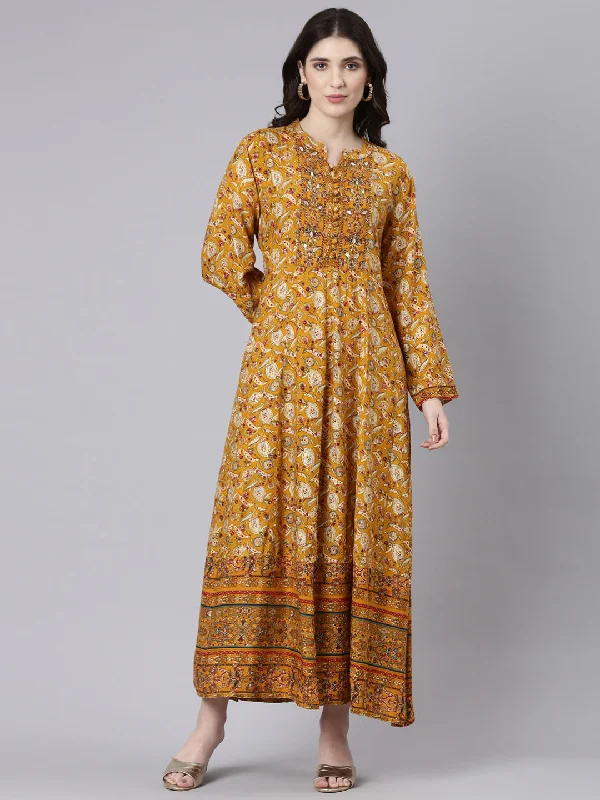 Maxi Dresses with Swing Skirt -Neeru's Mustard Straight Casual Printed Maxi Dresses