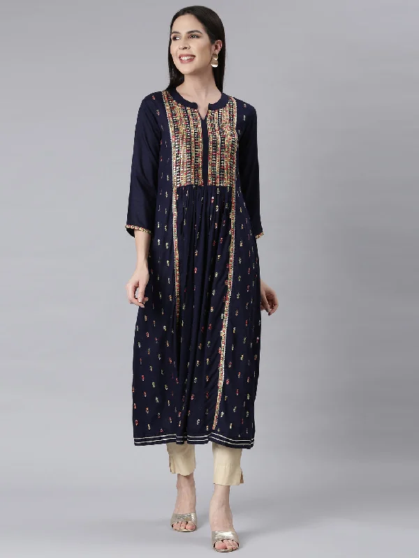 Maxi Dresses with Side Chill -Neerus Navy Blue Curved Casual Ethnic Motifs Maxi Dresses