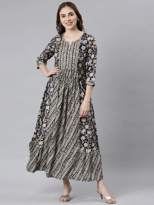 Maxi Dresses in Earth Tones -Neerus Navy Blue Flared Casual Ethnic Motifs Maxi Dresses