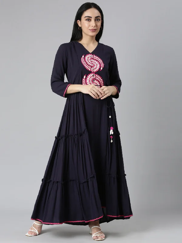 Maxi Dresses for Casual Event -Neerus Navy Blue Flared Casual Solid Maxi Dresses