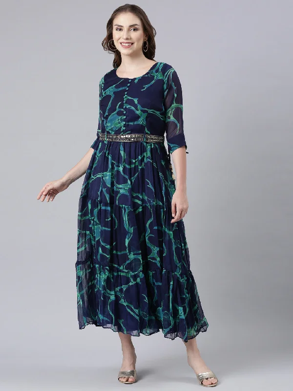 Maxi Dresses with Wrap Front -Neerus Navy Blue Flared Casual Tie And Dye Maxi Dresses