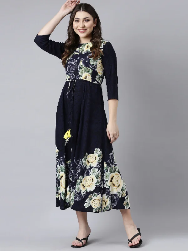 Maxi Dresses with Mesh Edge -Neerus Navy Blue Straight Casual Floral Maxi Dresses