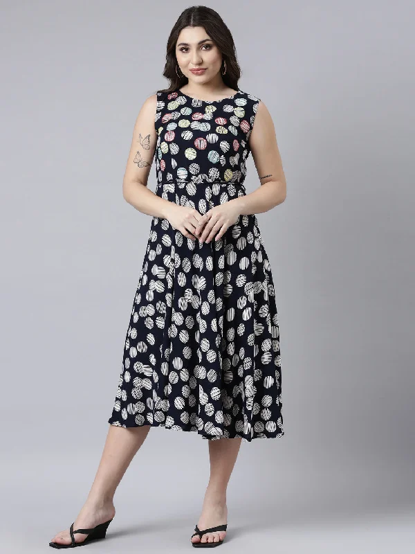 Maxi Dresses in Fun Prints -Neerus Navy Blue Straight Casual Floral Maxi Dresses