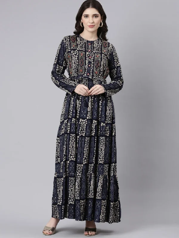 Maxi Dresses with Lace Edge -Neeru's Navy Blue Straight Casual Printed Maxi Dresses