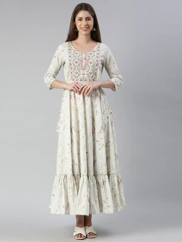 Maxi Dresses with Round Neck -Neeru's Off White Maxi Casual Printed Dresses