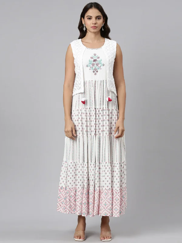 Maxi Dresses with Open Front -Neeru's Off White Straight Casual Printed Maxi Dresses