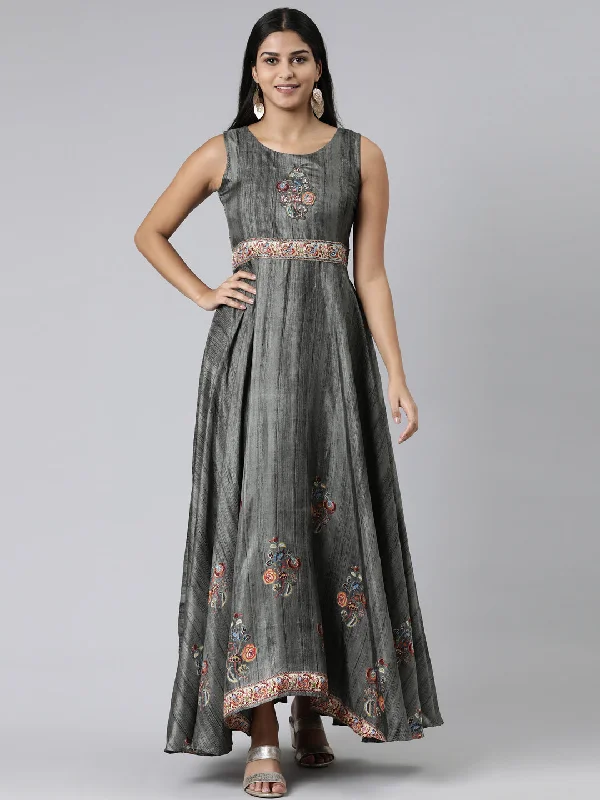 Maxi Dresses for Club Fun -Neeru's Olive Curved Casual Embroidered Maxi Dress