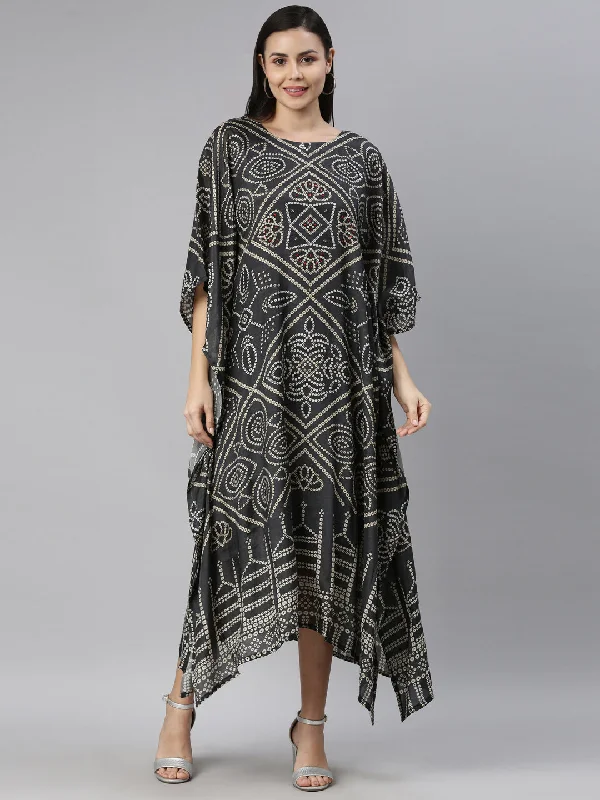 Maxi Dresses for Special Occasions -Neerus Olive Green White Kaftan Maxi Dress