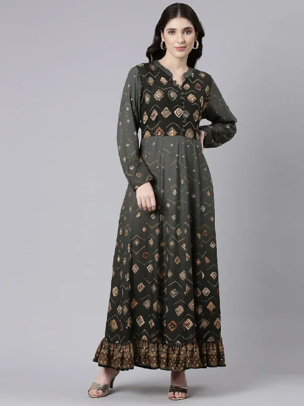 Maxi Dresses with Ruffle Sleeves -Neeru's Olive Straight Casual Printed Maxi Dresses