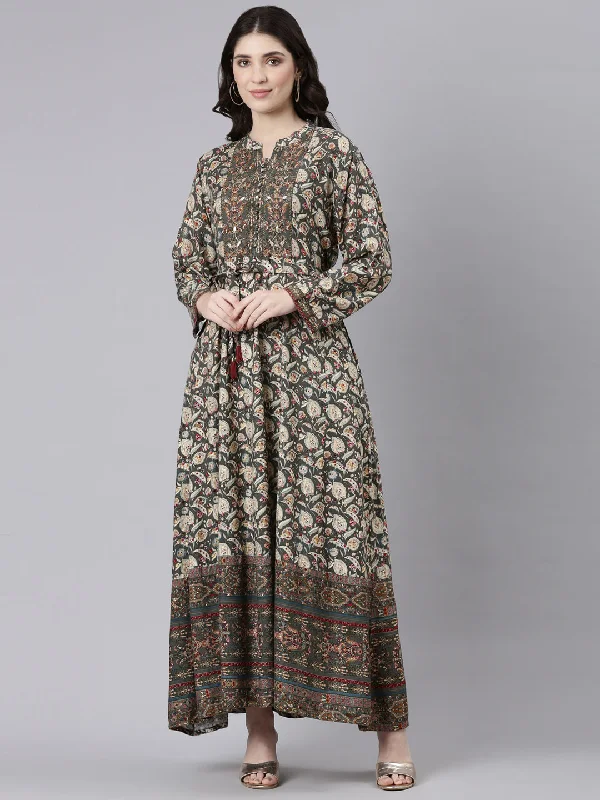 Maxi Dresses with Pleated Front -Neeru's Olive Straight Casual Printed Maxi Dresses