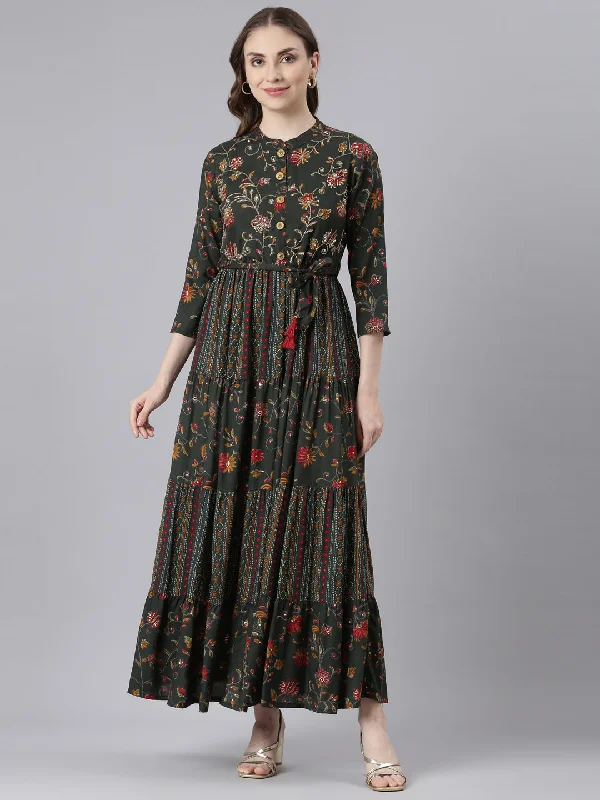 Maxi Dresses for Brunch Date -Neerus Olive Viscose Rayon Straight Casual Floral Maxi Dresses