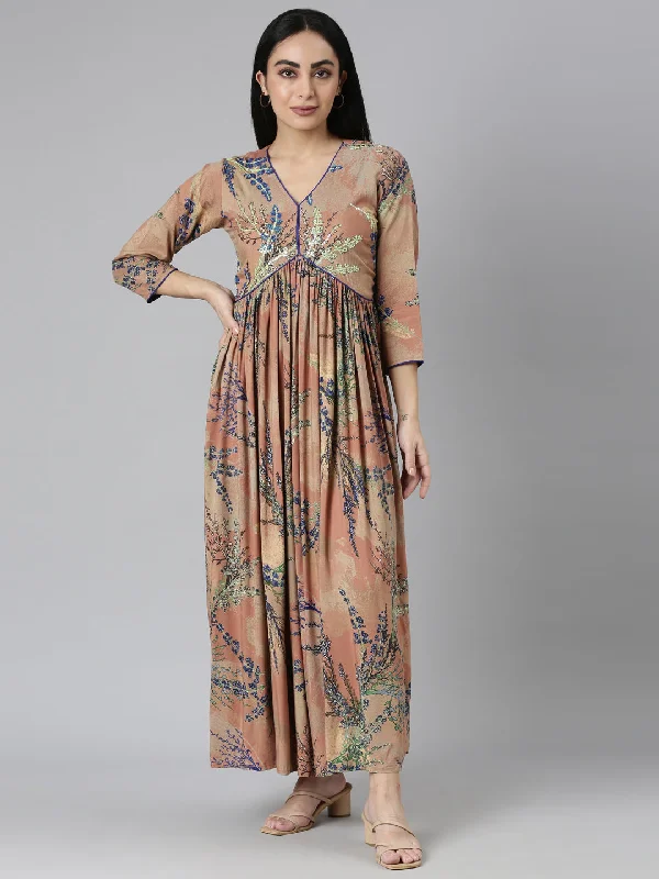 Maxi Dresses for Concerts -Neerus Onion Pleated Casual Maxi Dresses