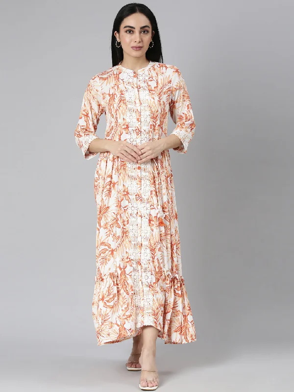 Maxi Dresses in Dark Colors -Neerus Orange Flared Casual Floral Maxi Dresses