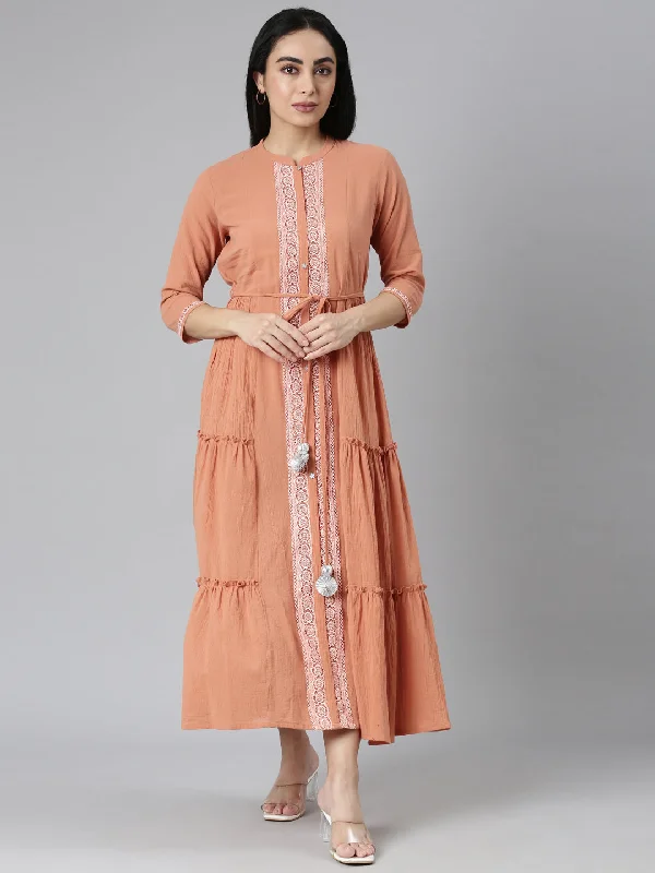 Maxi Dresses for Outdoor Events -Neerus Orange Flared Casual Solid Maxi Dresses