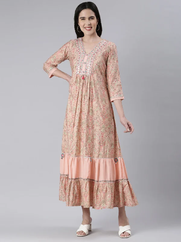 Maxi Dresses with Side Back -Neeru's Peach Maxi Casual Printed Dresses