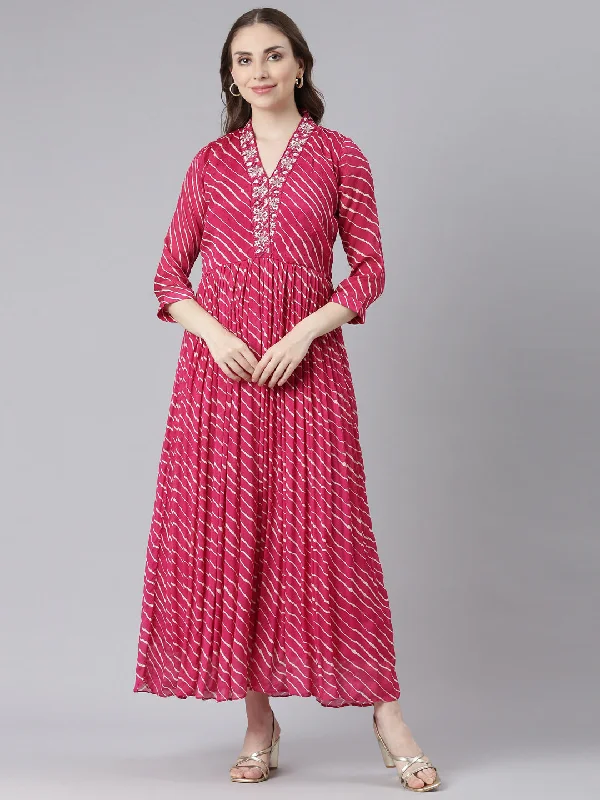 Maxi Dresses in Velvet Fabric -Neerus Pink Cotton Straight Casual Ethnic Motifs Maxi Dresses