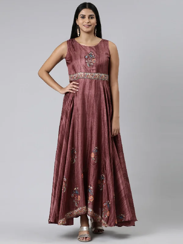 Maxi Dresses in Neutral Hues -Neeru's Pink Curved Casual Embroidered Maxi Dress